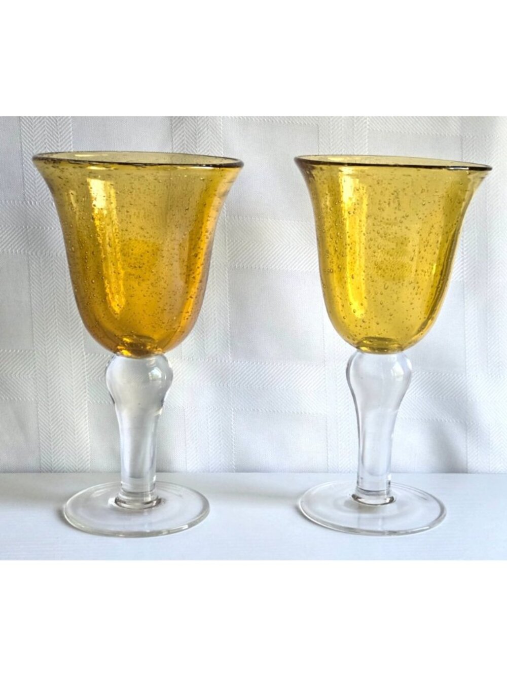 Amber Bubbles Hand Blown Water Goblet Wine Glass 8 inches Set of 2
